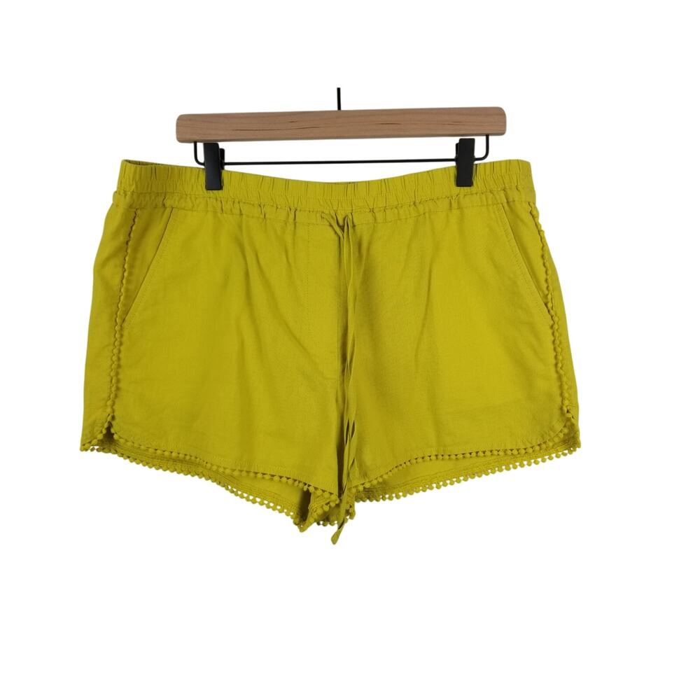 Loft Factory L Chartreuse pom-pom cotton linen drawstring short boho